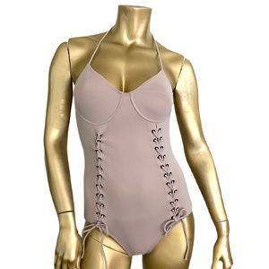 LOEFFLER RANDALL LACE UP CORSET STYLE ONE-PIECE HALTER SWIMSUIT WITH UNDERWIRE S